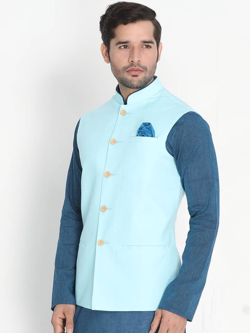 Men's Turquoise Cotton
 Solid
 Nehru Jackets